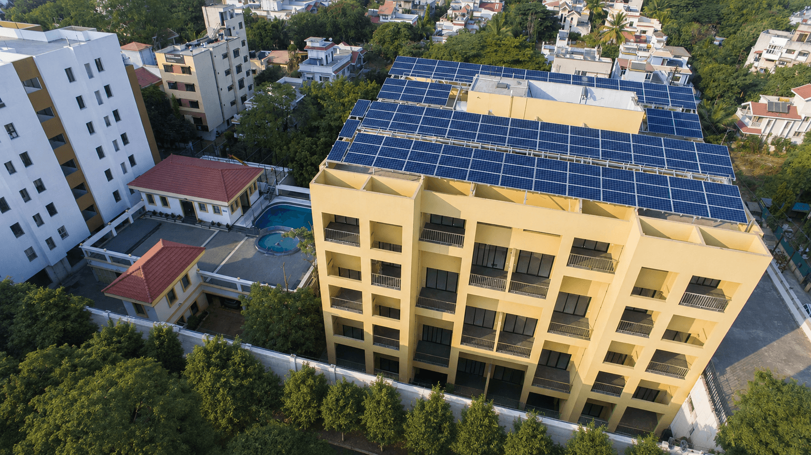 Rooftop solar installation at Scorpio, Fortune Estates in Pune, distributing power to all 24 flats